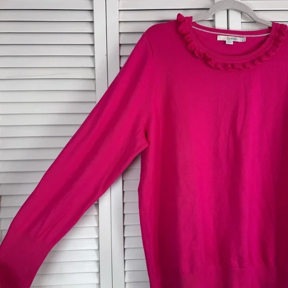 Boden Bernadette Wool Cotton Blend Ruffle Trim Crew Neck Sweater Fuchsia Pink 16 - Picture 5 of 9